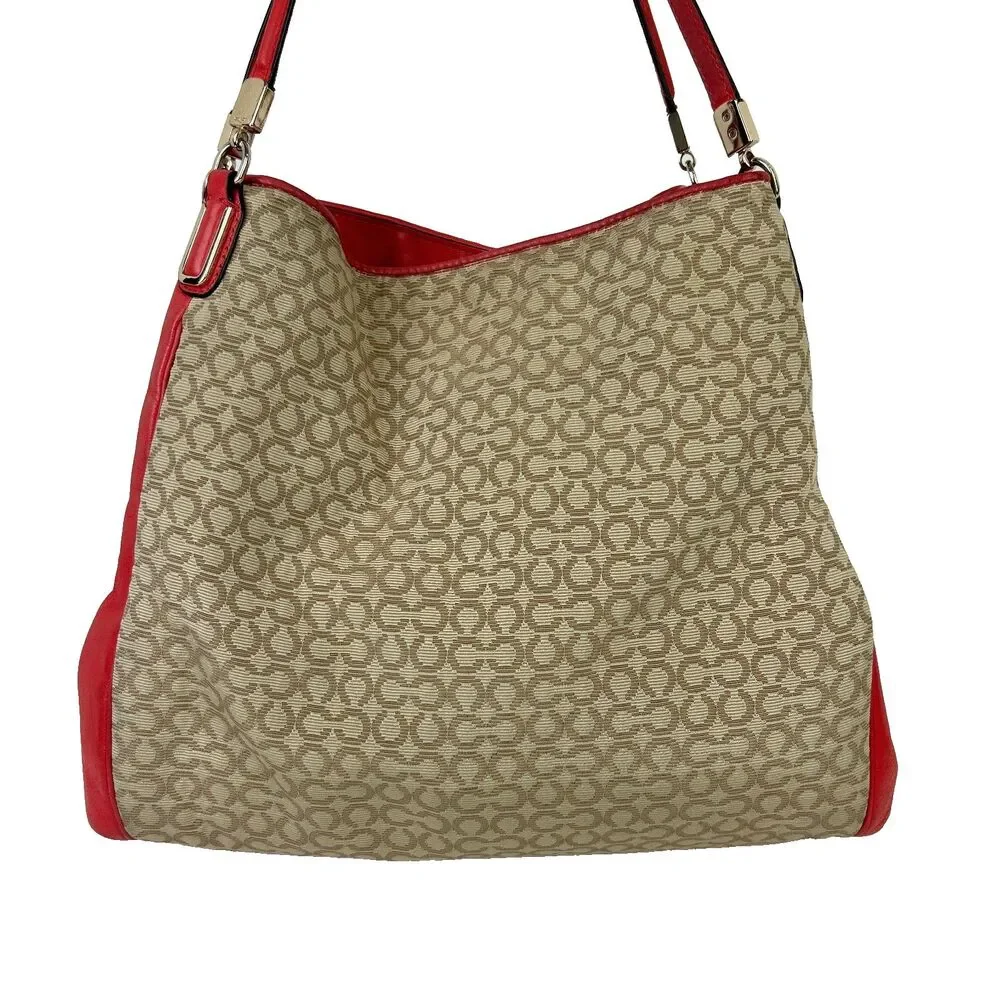 Coach Madison Needlepoint Op Art Shoulder Bag Phoebe Coral Red Monogram Logo